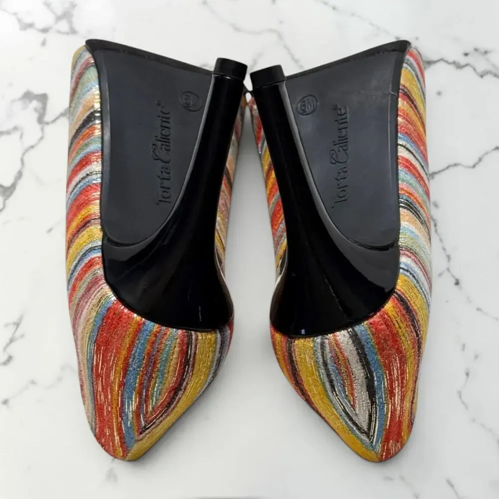 Torta Caliente Zita Rainbow Stripe Pointed Toe Pumps Heels Sz 6 NIB Dopamine